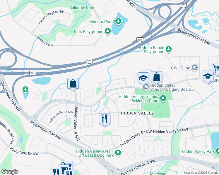 map of restaurants, bars, coffee shops, grocery stores, and more near 11126 Hidden Valley Drive Northwest in Calgary