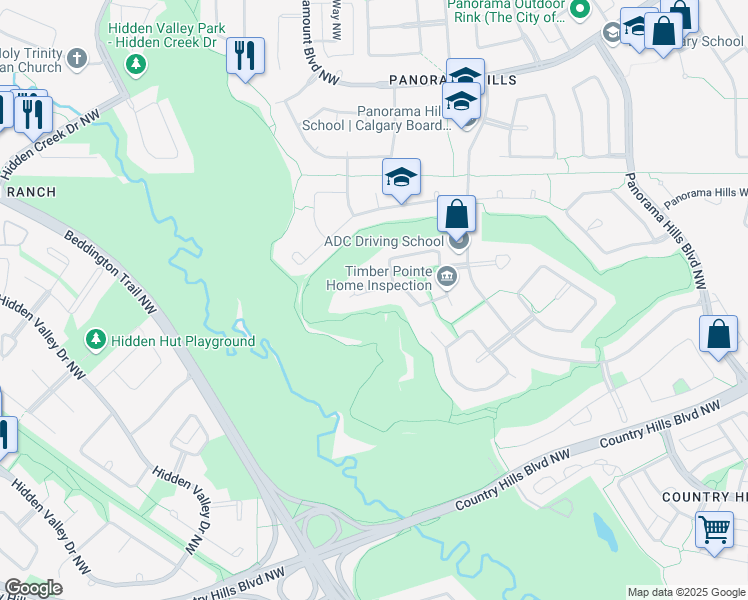 map of restaurants, bars, coffee shops, grocery stores, and more near 19 Panorama Hills Point Northwest in Calgary