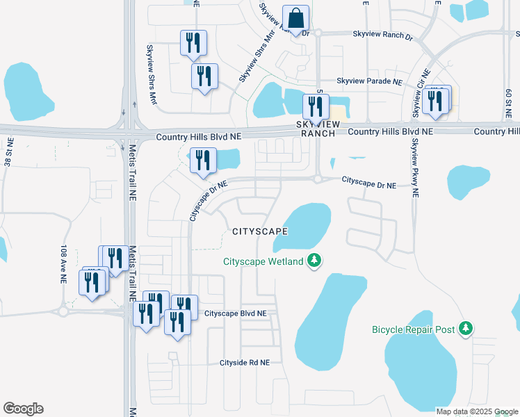 map of restaurants, bars, coffee shops, grocery stores, and more near 18 Cityscape Passage Northeast in Calgary