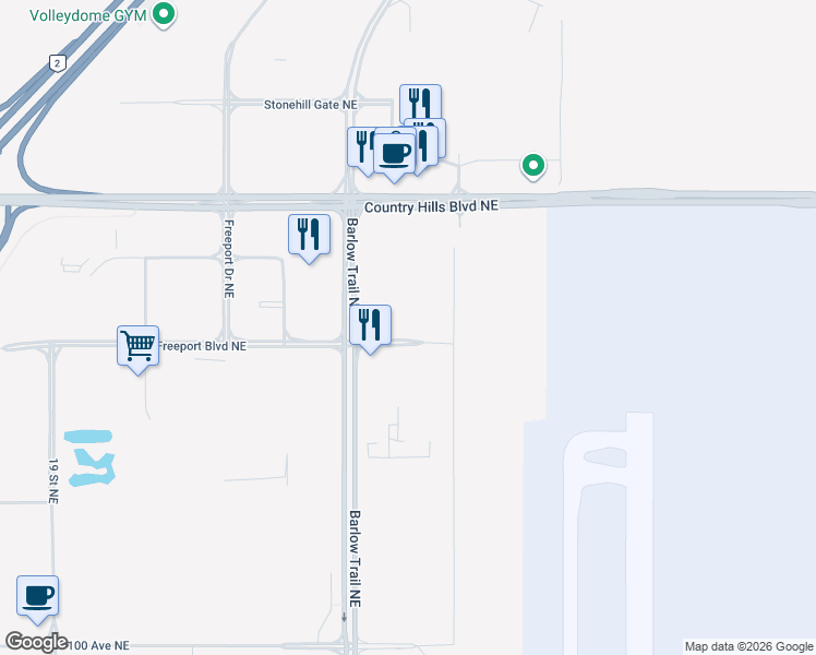 map of restaurants, bars, coffee shops, grocery stores, and more near 10707 25 Street Northeast in Calgary