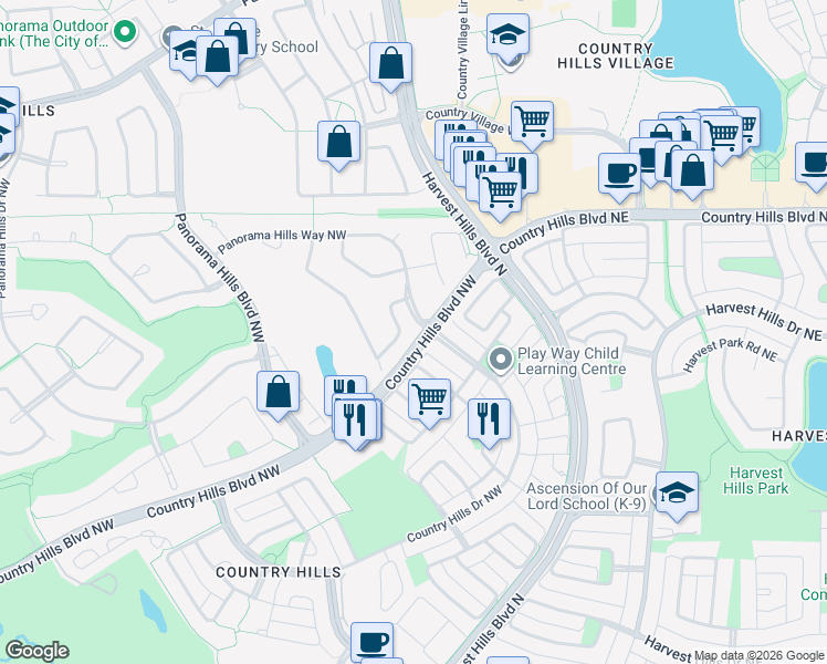 map of restaurants, bars, coffee shops, grocery stores, and more near 8 Country Hills Drive Northwest in Calgary