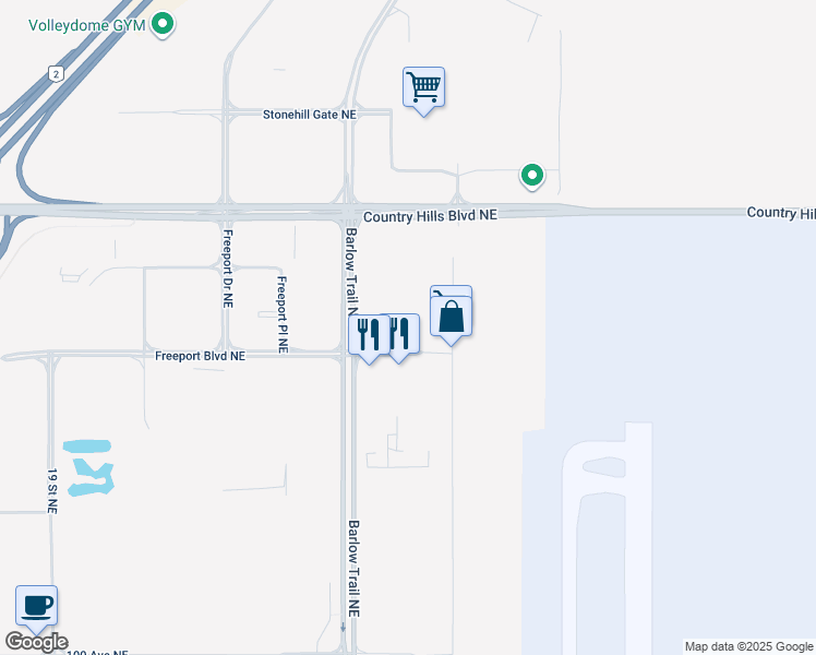 map of restaurants, bars, coffee shops, grocery stores, and more near 102-10707 25 Street Northeast in Calgary
