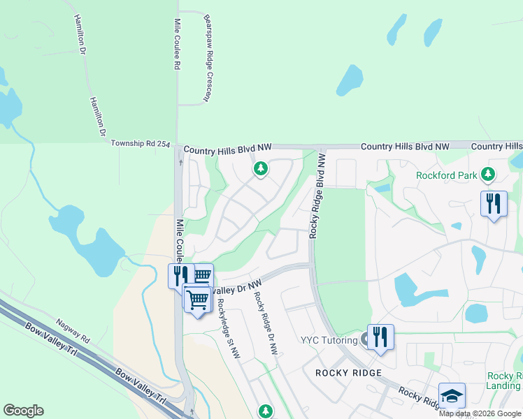 map of restaurants, bars, coffee shops, grocery stores, and more near Rockyspring Circle Northwest in Calgary