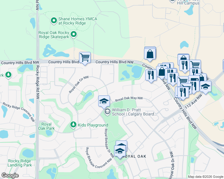 map of restaurants, bars, coffee shops, grocery stores, and more near 149 Royal Oak Bay Northwest in Calgary