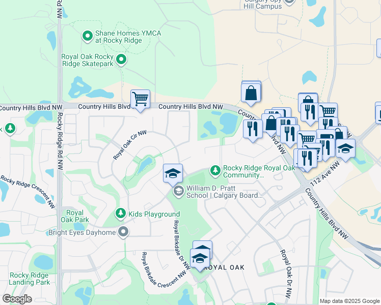 map of restaurants, bars, coffee shops, grocery stores, and more near 141 Royal Oak Bay Northwest in Calgary