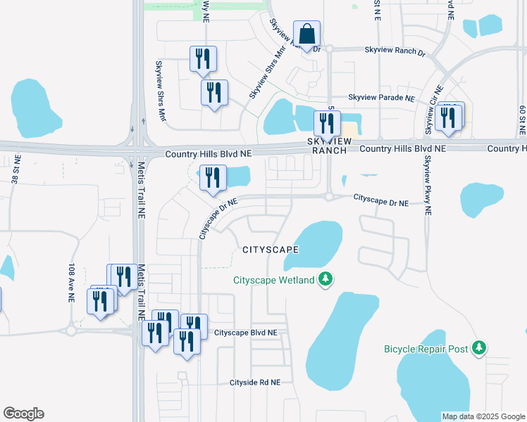map of restaurants, bars, coffee shops, grocery stores, and more near 18 Cityscape Passage Northeast in Calgary