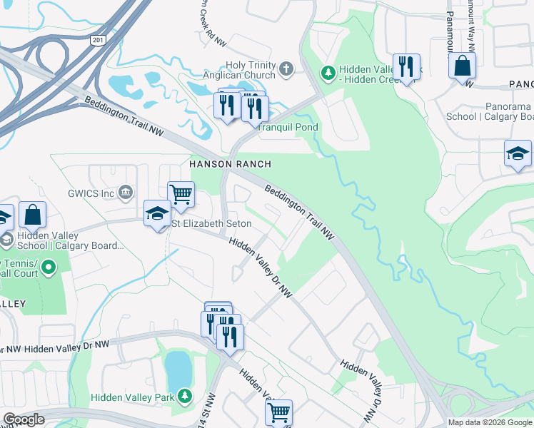 map of restaurants, bars, coffee shops, grocery stores, and more near 361 Hidden Valley Manor Northwest in Calgary