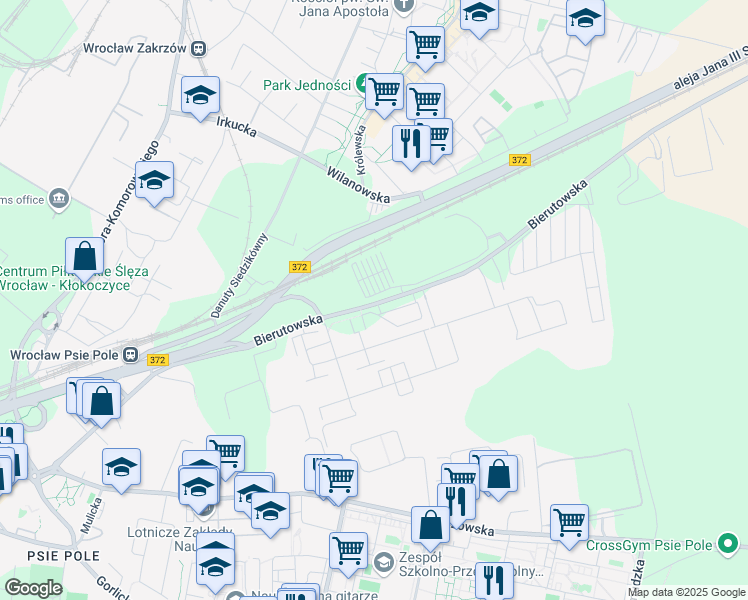 map of restaurants, bars, coffee shops, grocery stores, and more near 44 Bierutowska in Wrocław