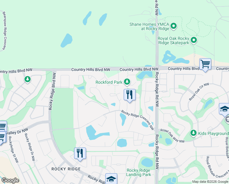 map of restaurants, bars, coffee shops, grocery stores, and more near 93 Rockhaven Green Northwest in Calgary