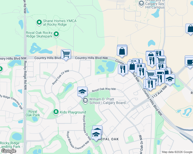 map of restaurants, bars, coffee shops, grocery stores, and more near 32 Royal Oak Cape Northwest in Calgary