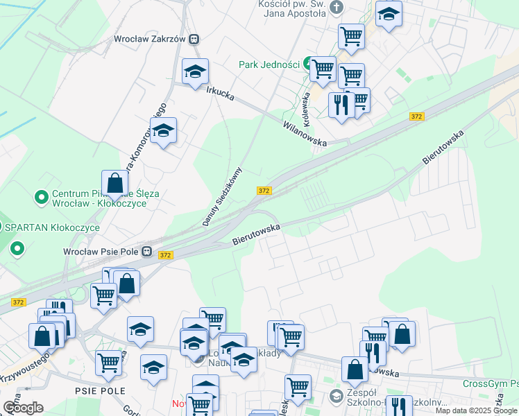 map of restaurants, bars, coffee shops, grocery stores, and more near 44 Bierutowska in Wrocław
