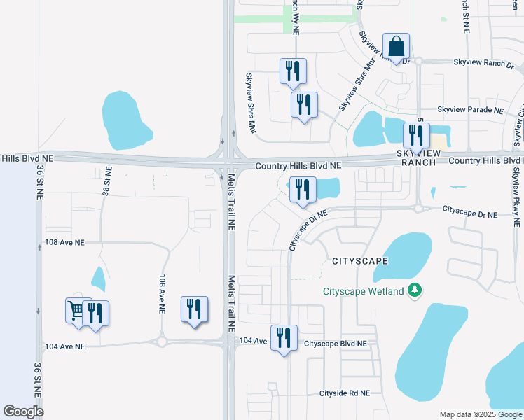 map of restaurants, bars, coffee shops, grocery stores, and more near Cityscape Gardens Northeast in Calgary