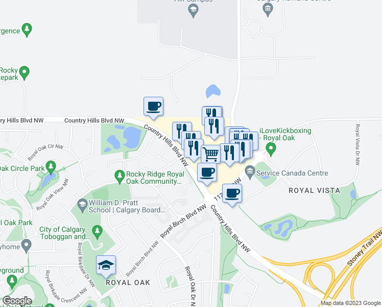 map of restaurants, bars, coffee shops, grocery stores, and more near 8888 Country Hills Boulevard Northwest in Calgary