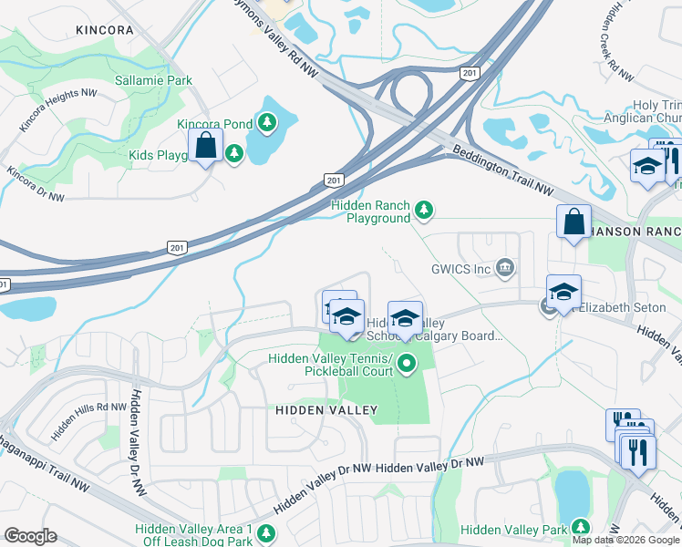 map of restaurants, bars, coffee shops, grocery stores, and more near 116 Hidden Ranch Crescent Northwest in Calgary