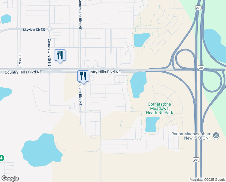 map of restaurants, bars, coffee shops, grocery stores, and more near 111 Corner Meadows Manor Northeast in Calgary