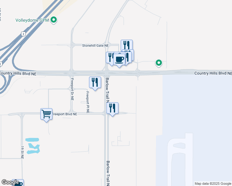 map of restaurants, bars, coffee shops, grocery stores, and more near Barlow Trail Northeast in Calgary
