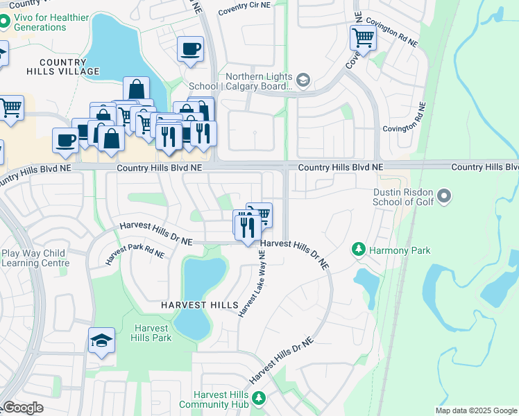 map of restaurants, bars, coffee shops, grocery stores, and more near 107 Harvest Wood Way Northeast in Calgary