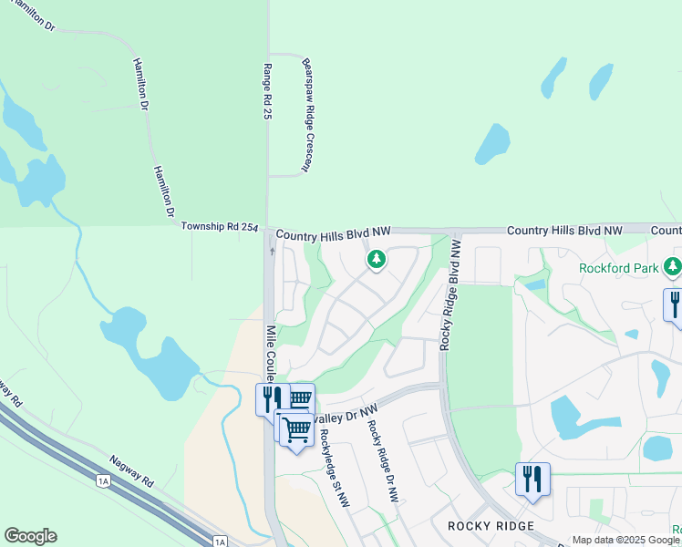 map of restaurants, bars, coffee shops, grocery stores, and more near 177 Rockyspring Terrace Northwest in Calgary