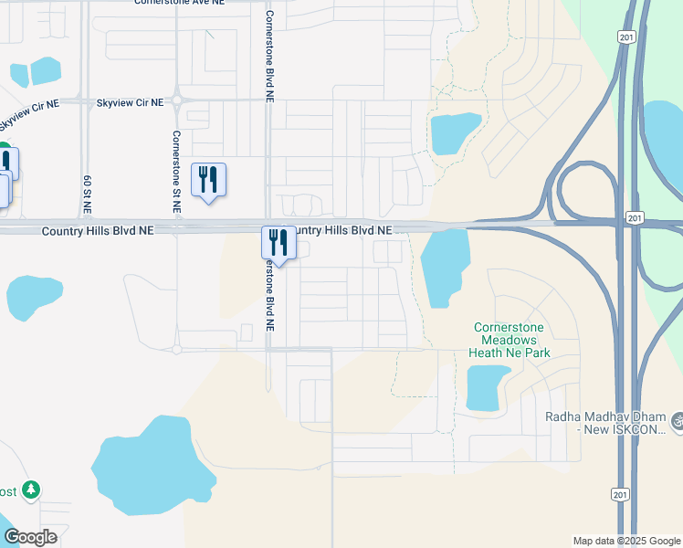 map of restaurants, bars, coffee shops, grocery stores, and more near 111 Corner Meadows Manor Northeast in Calgary
