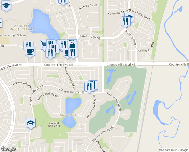 map of restaurants, bars, coffee shops, grocery stores, and more near 107 Harvest Wood Way Northeast in Calgary