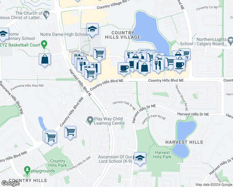map of restaurants, bars, coffee shops, grocery stores, and more near 52 Harvest Oak Place Northeast in Calgary