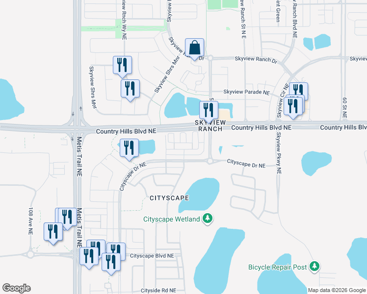 map of restaurants, bars, coffee shops, grocery stores, and more near 55 Cityscape Row Northeast in Calgary