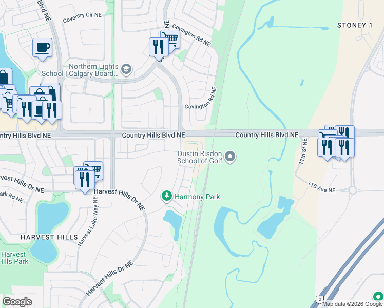 map of restaurants, bars, coffee shops, grocery stores, and more near 360 Harvest Hills Way Northeast in Calgary