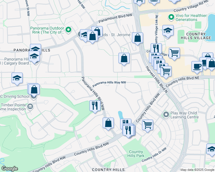 map of restaurants, bars, coffee shops, grocery stores, and more near Panorama Hills Common Northwest in Calgary