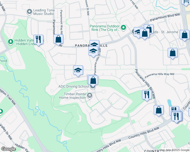 map of restaurants, bars, coffee shops, grocery stores, and more near Panorama Hills Drive Northwest in Calgary
