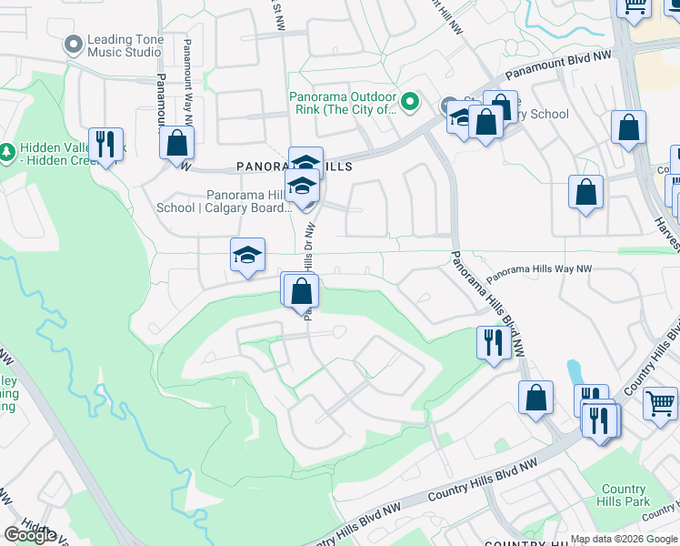 map of restaurants, bars, coffee shops, grocery stores, and more near 114 Panorama Hills Northwest in Calgary