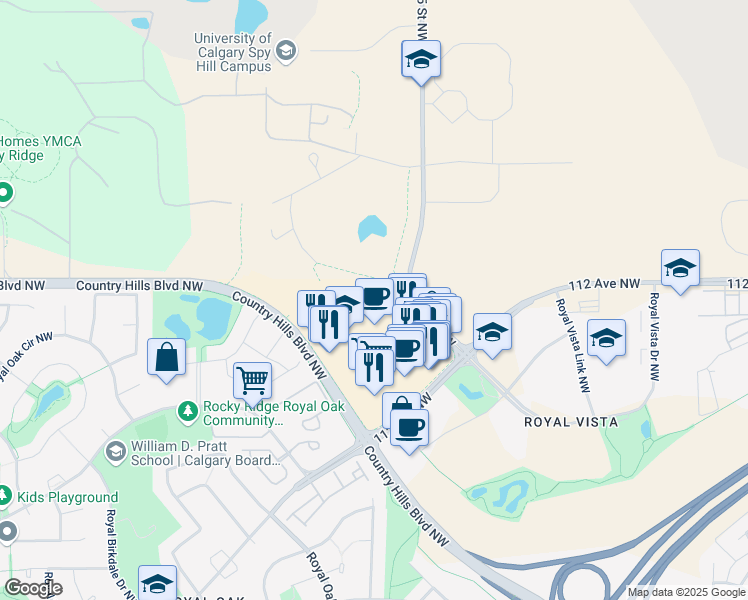 map of restaurants, bars, coffee shops, grocery stores, and more near 8888 Country Hills Boulevard Northwest in Calgary