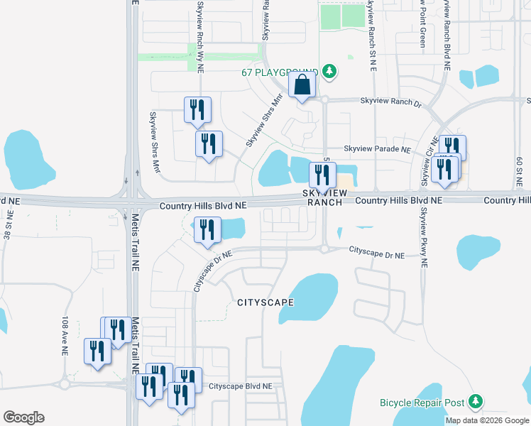 map of restaurants, bars, coffee shops, grocery stores, and more near 30 Cityscape Heath Northeast in Calgary