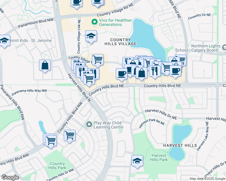 map of restaurants, bars, coffee shops, grocery stores, and more near 58 Harvest Oak Crescent Northeast in Calgary