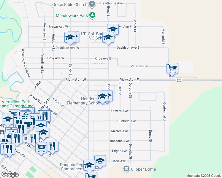 map of restaurants, bars, coffee shops, grocery stores, and more near 1110 Bond Street in Dauphin
