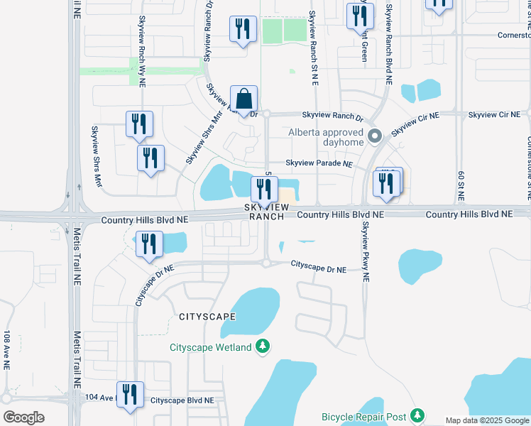 map of restaurants, bars, coffee shops, grocery stores, and more near 5555 Country Hills Boulevard Northeast in Calgary