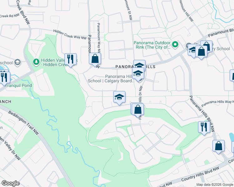 map of restaurants, bars, coffee shops, grocery stores, and more near 78 Panamount Road Northwest in Calgary