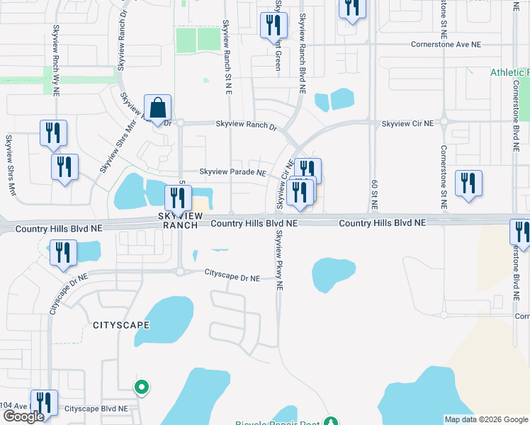 map of restaurants, bars, coffee shops, grocery stores, and more near Country Hills Boulevard Northeast in Calgary