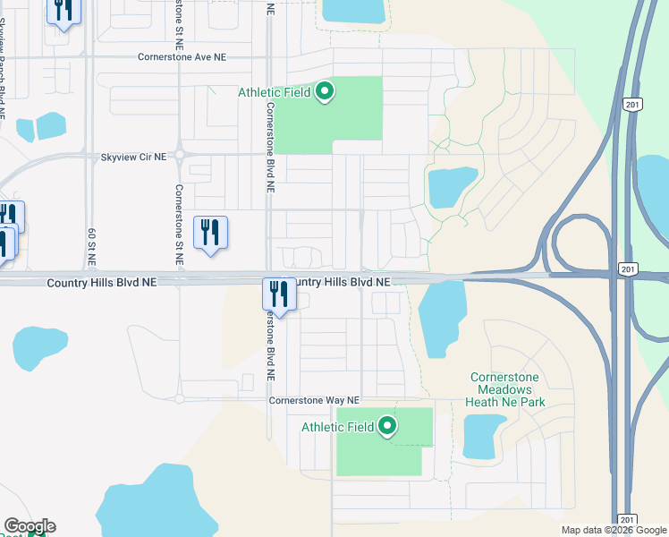 map of restaurants, bars, coffee shops, grocery stores, and more near 20 Cornergate Road Northeast in Calgary