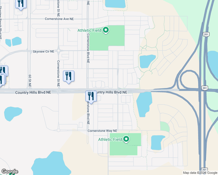 map of restaurants, bars, coffee shops, grocery stores, and more near 20 Cornergate Road Northeast in Calgary