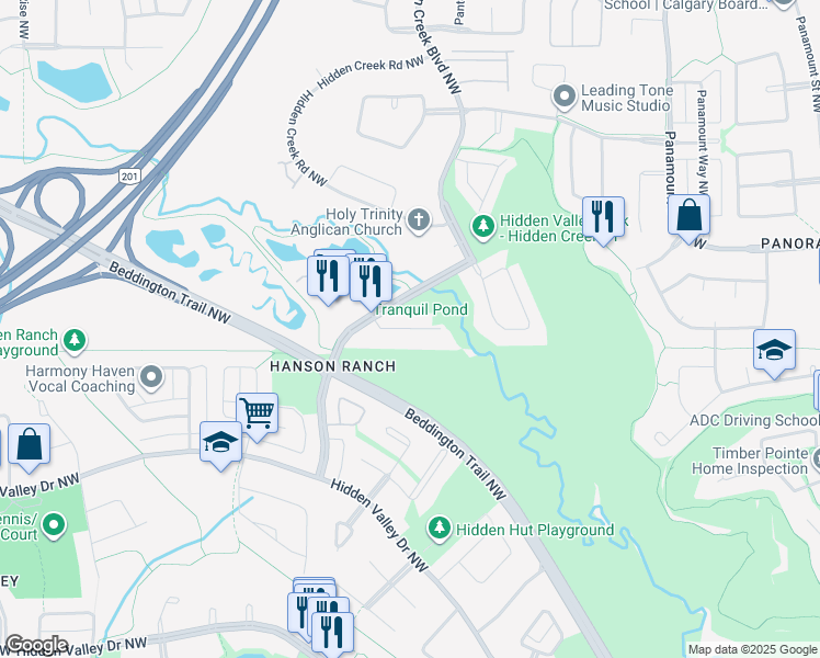 map of restaurants, bars, coffee shops, grocery stores, and more near Hidden Creek Green Northwest in Calgary