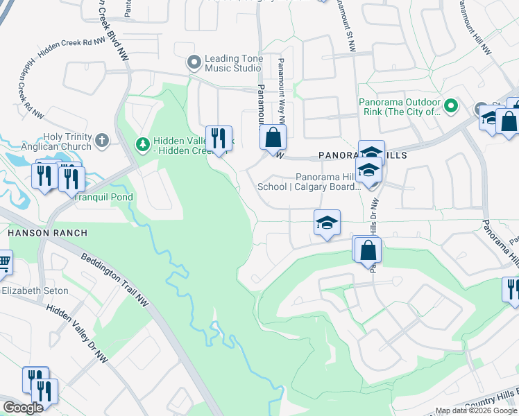 map of restaurants, bars, coffee shops, grocery stores, and more near 170 Panamount Road Northwest in Calgary