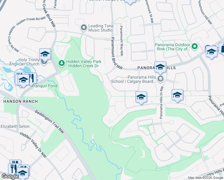 map of restaurants, bars, coffee shops, grocery stores, and more near 170 Panamount Road Northwest in Calgary