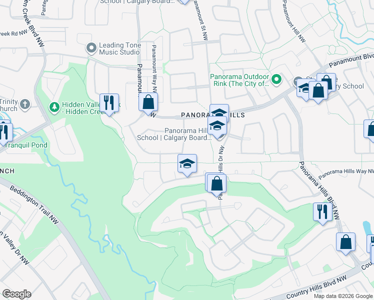 map of restaurants, bars, coffee shops, grocery stores, and more near 74 Panamount Road Northwest in Calgary