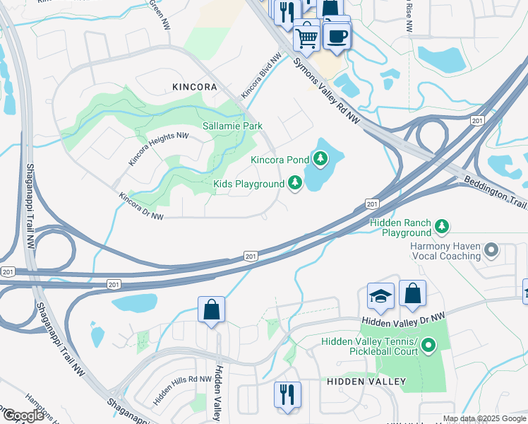 map of restaurants, bars, coffee shops, grocery stores, and more near Kincora Bay Northwest in Calgary