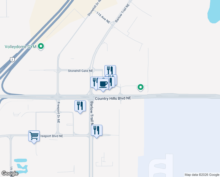 map of restaurants, bars, coffee shops, grocery stores, and more near 2550 Country Hills Boulevard Northeast in Calgary