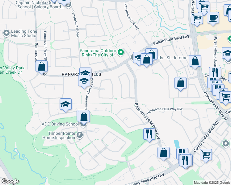 map of restaurants, bars, coffee shops, grocery stores, and more near 107 Panamount Gardens Northwest in Calgary