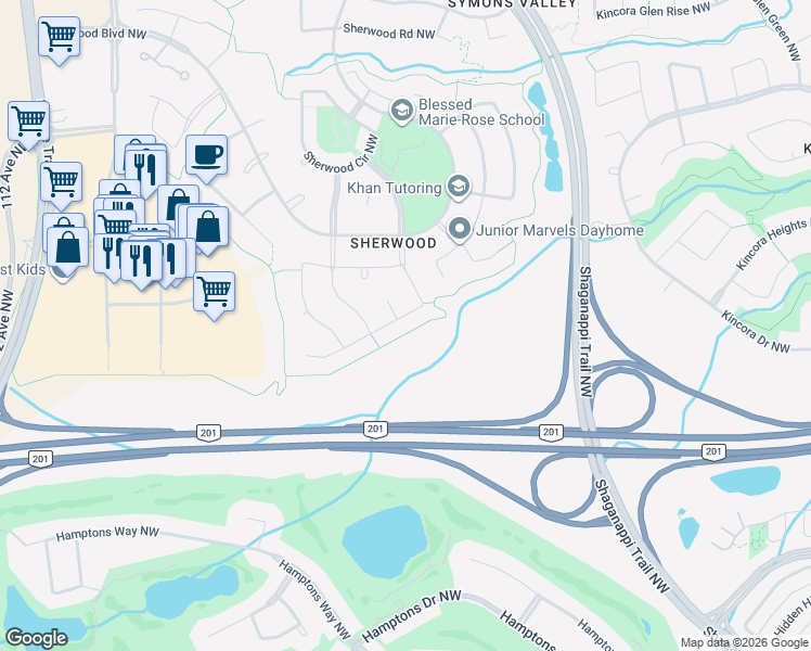 map of restaurants, bars, coffee shops, grocery stores, and more near 14 Sherwood Court Northwest in Calgary