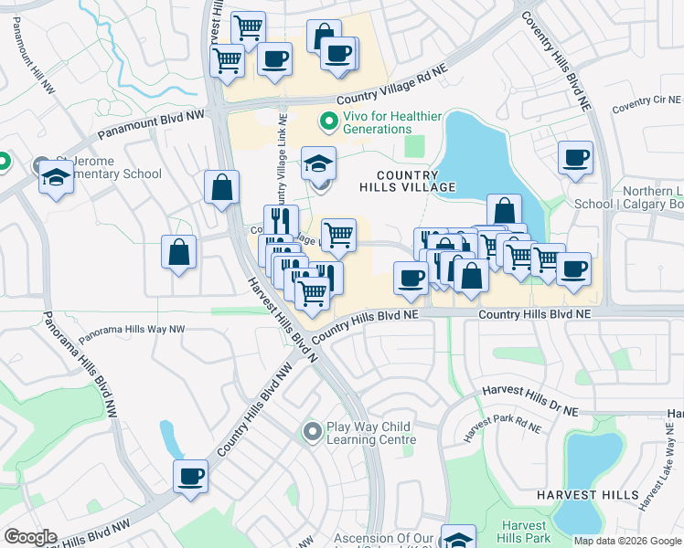 map of restaurants, bars, coffee shops, grocery stores, and more near 388 Country Hills Boulevard Northeast in Calgary