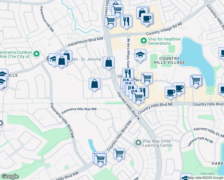 map of restaurants, bars, coffee shops, grocery stores, and more near 53 Panamount Crescent Northwest in Calgary