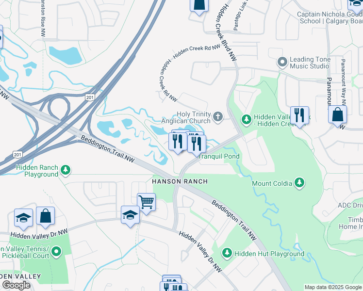 map of restaurants, bars, coffee shops, grocery stores, and more near 39 Hidden Creek Place Northwest in Calgary